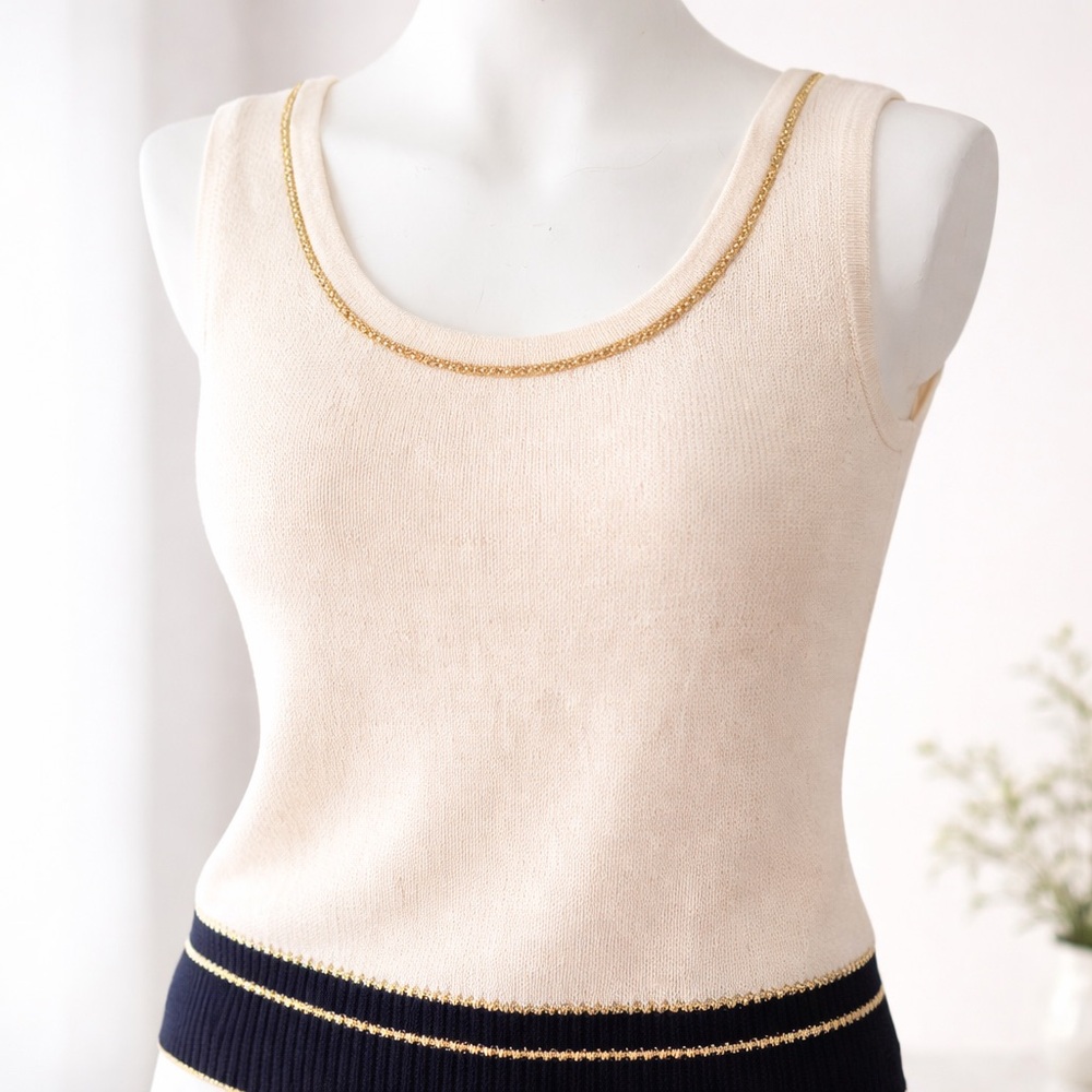 St John Evening Santana Knit Ivory Gold Trim Tank Top Size 6